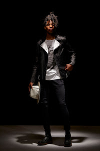 Load image into Gallery viewer, White tanned and black dyed deerskin 2 tone JOEY double rider jacket - BLACK × WHITE