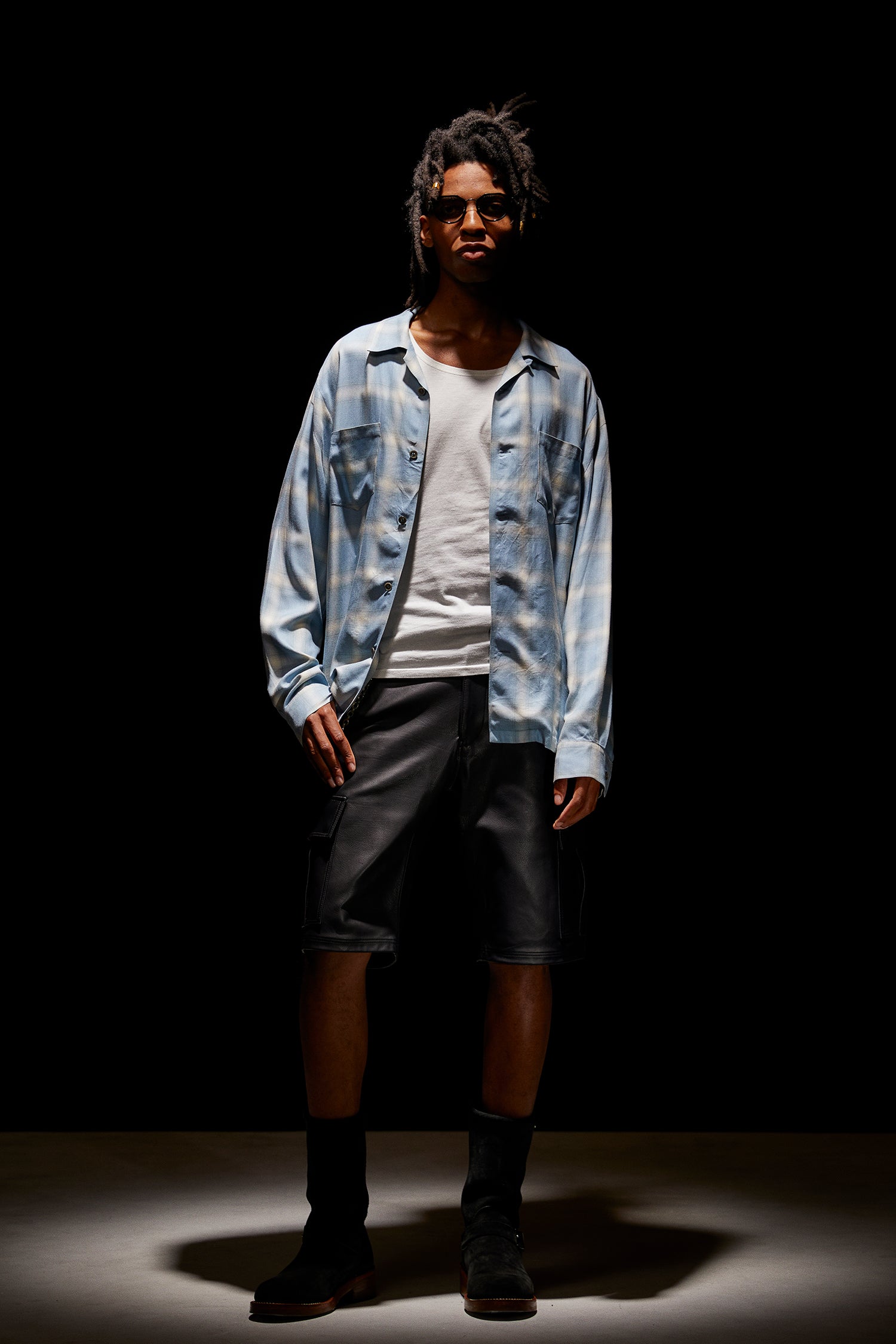 Load image into Gallery viewer, Rayon Tweed Ombre Check L/S Open Collar Shirt - BLUE