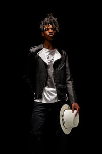Load image into Gallery viewer, White tanned and black dyed deerskin 2 tone JOEY double rider jacket - BLACK × WHITE
