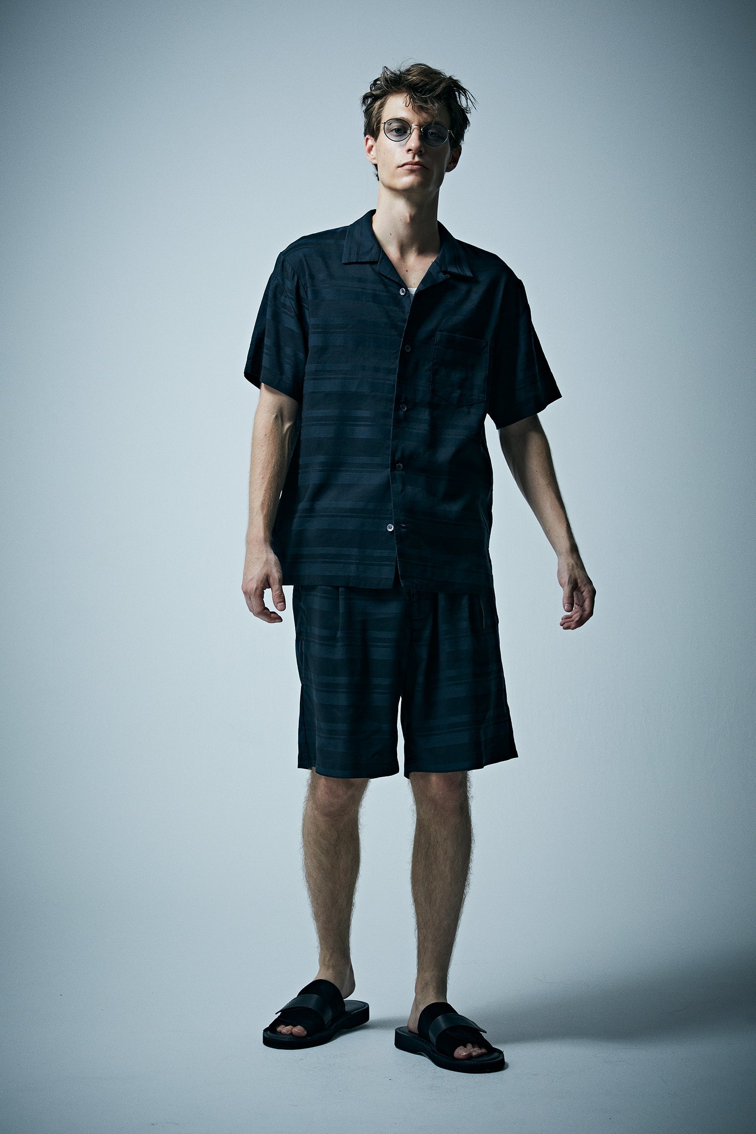 Load image into Gallery viewer, Rayon Cotton Ramie Stripe Cloth Open Collar Shirt - BLACK