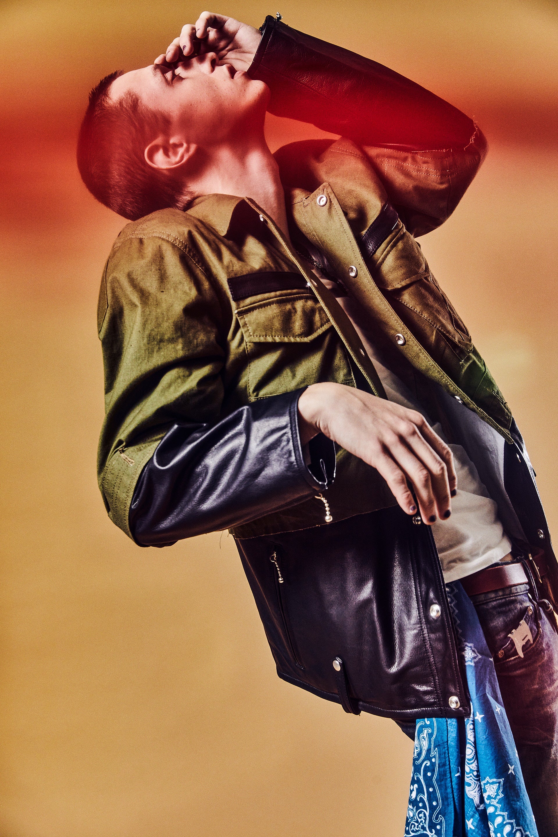 Load image into Gallery viewer, Japan Steer hide&French Military Dead Stock Poncho Combination Blouson - BLACK × KHAKI