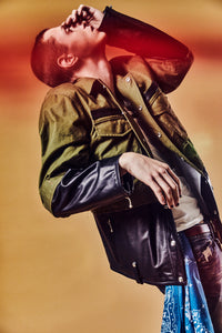 Load image into Gallery viewer, Japan Steer hide&French Military Dead Stock Poncho Combination Blouson - BLACK × KHAKI