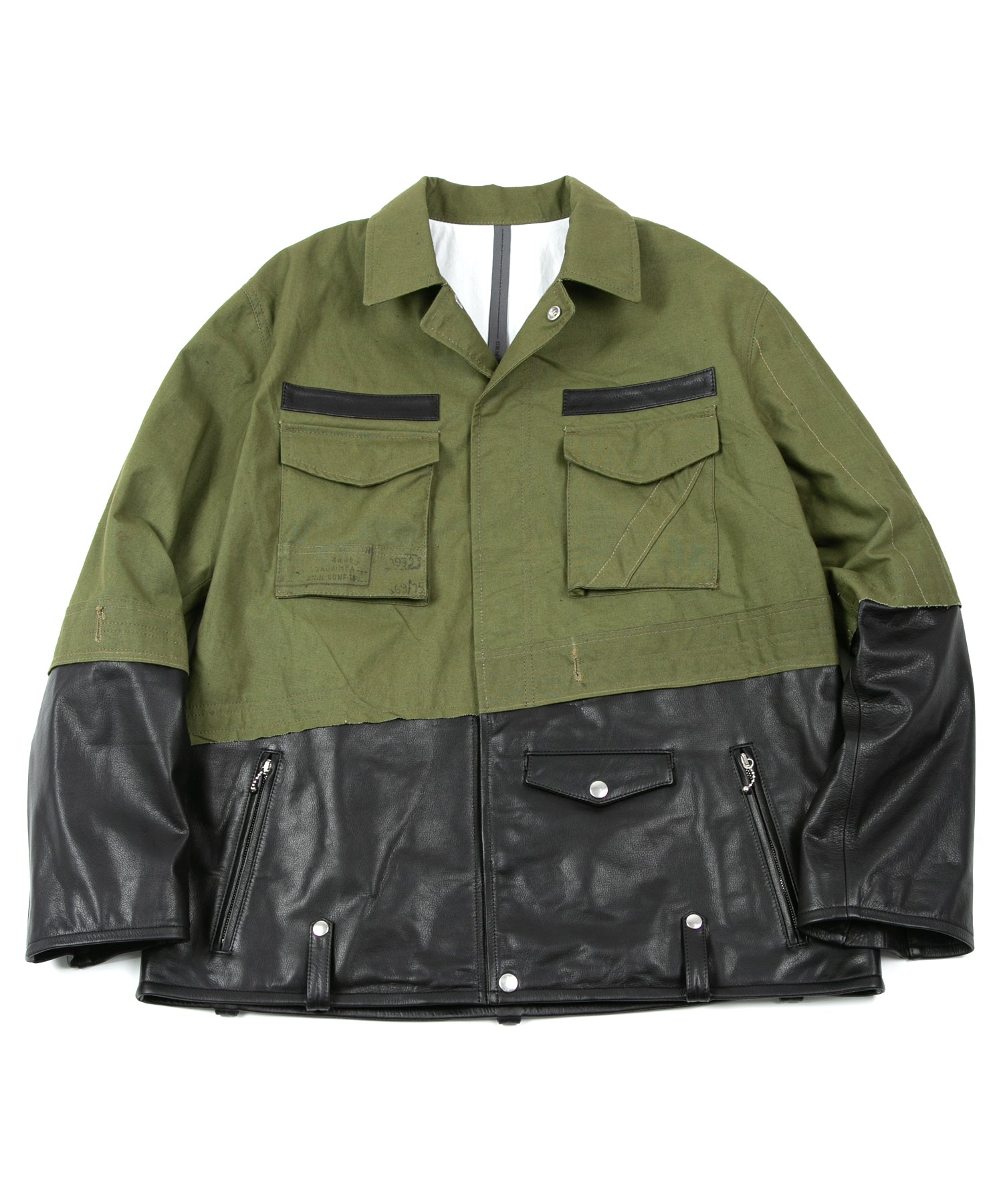 Load image into Gallery viewer, Japan Steer hide&French Military Dead Stock Poncho Combination Blouson - BLACK × KHAKI