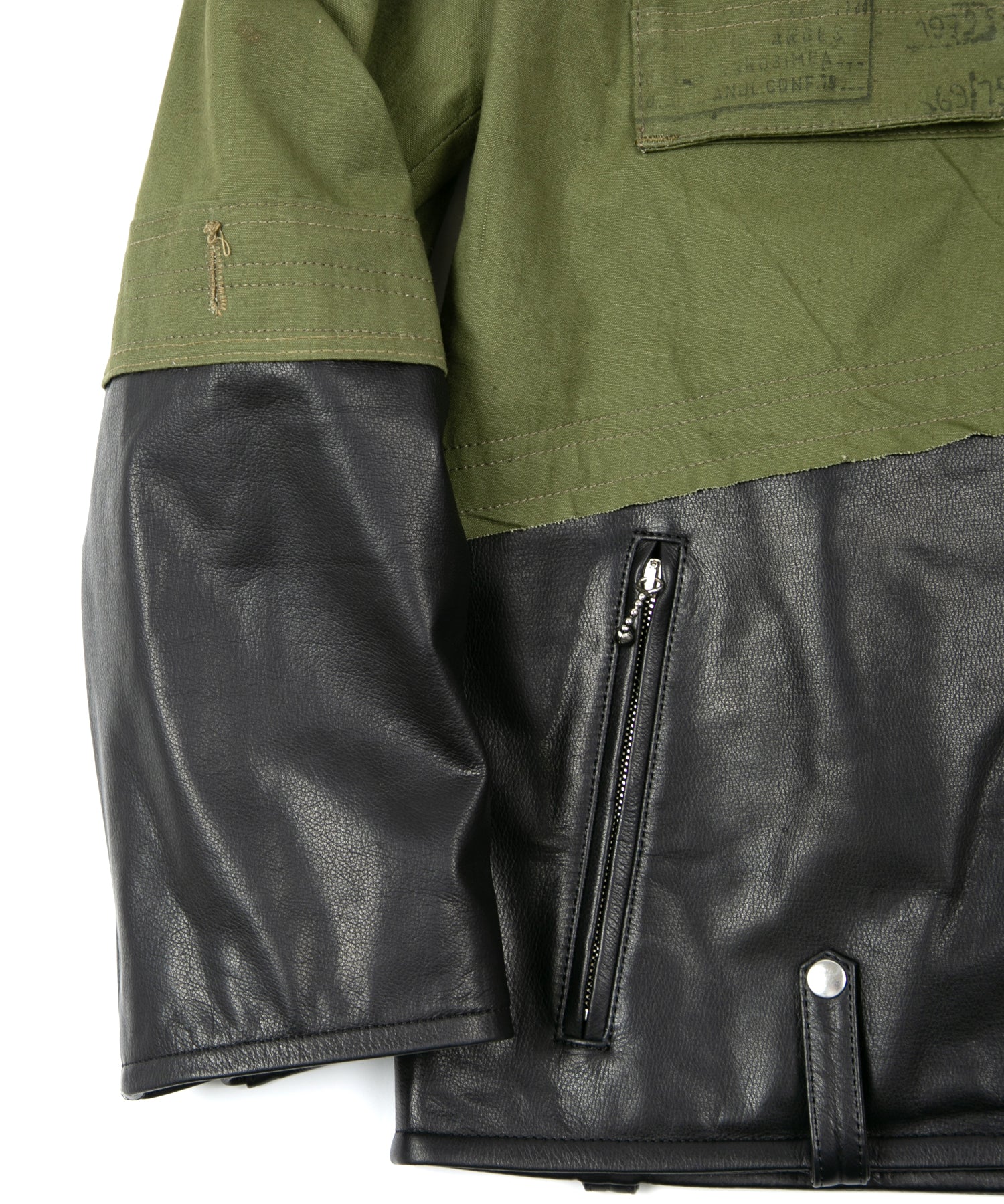 Load image into Gallery viewer, Japan Steer hide&French Military Dead Stock Poncho Combination Blouson - BLACK × KHAKI