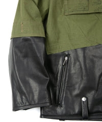 Load image into Gallery viewer, Japan Steer hide&French Military Dead Stock Poncho Combination Blouson - BLACK × KHAKI