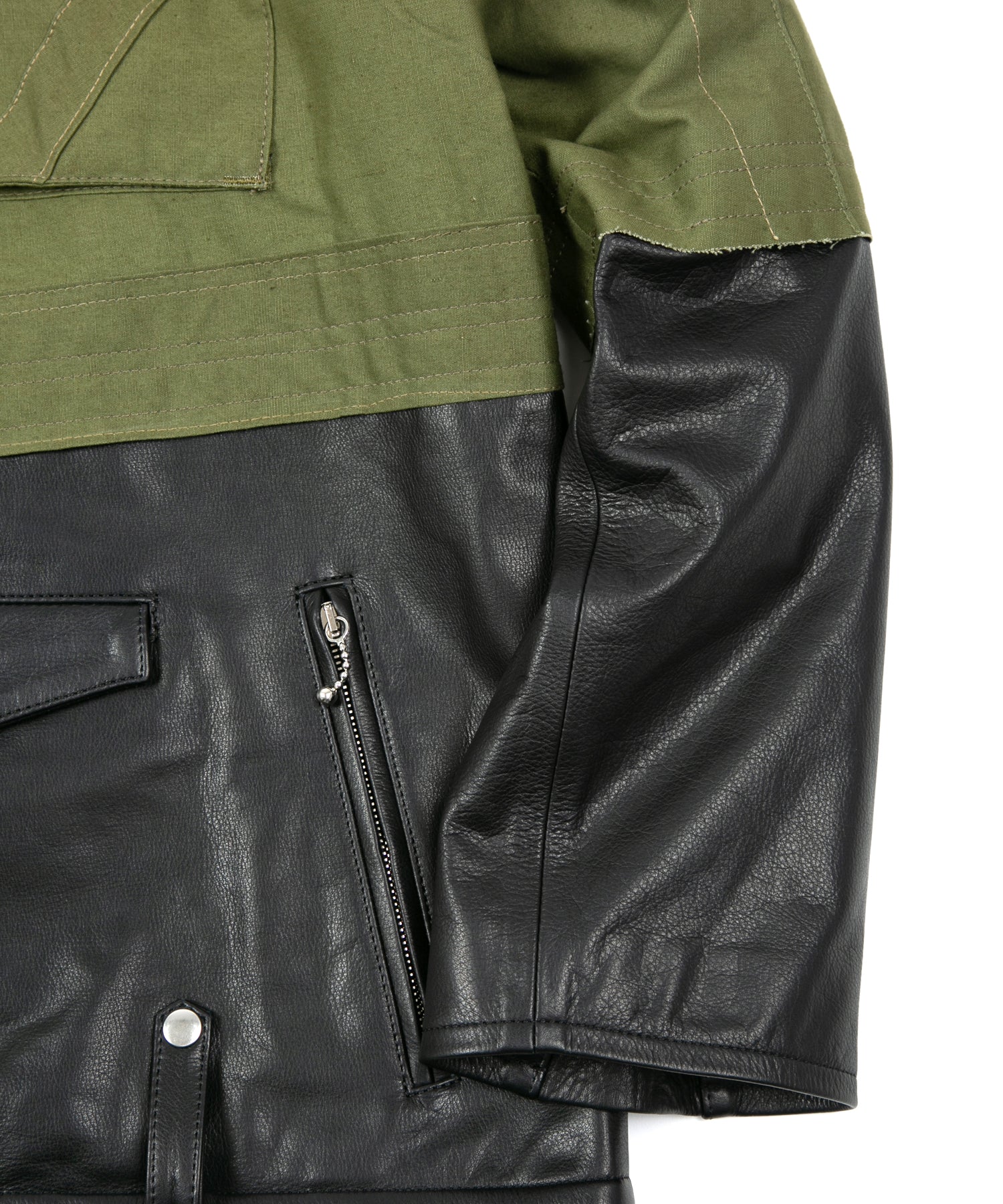 Load image into Gallery viewer, Japan Steer hide&French Military Dead Stock Poncho Combination Blouson - BLACK × KHAKI