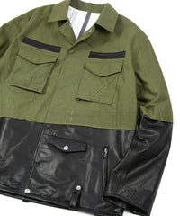 Load image into Gallery viewer, Japan Steer hide&French Military Dead Stock Poncho Combination Blouson - BLACK × KHAKI