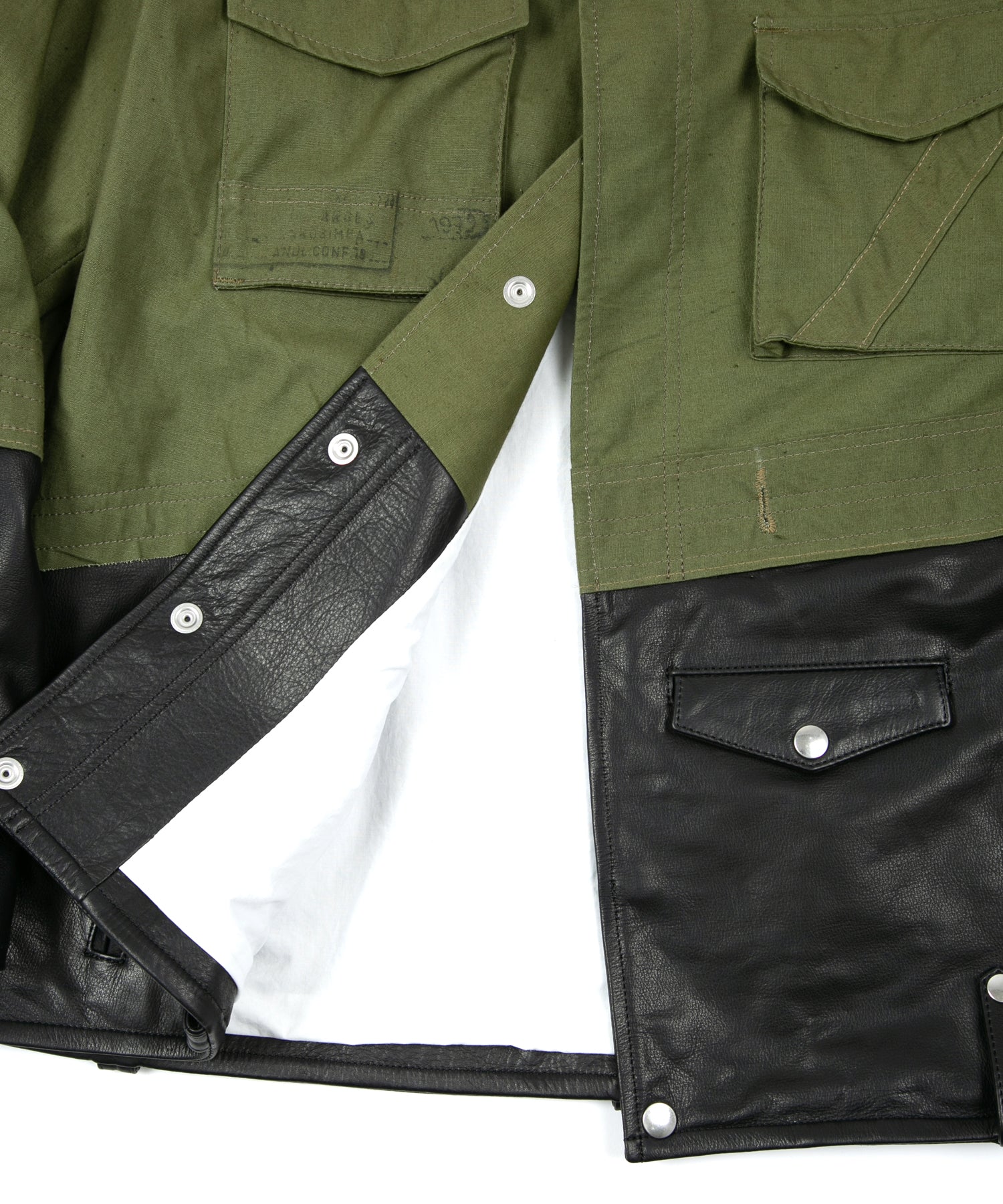 Load image into Gallery viewer, Japan Steer hide&French Military Dead Stock Poncho Combination Blouson - BLACK × KHAKI