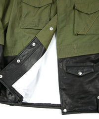 Load image into Gallery viewer, Japan Steer hide&French Military Dead Stock Poncho Combination Blouson - BLACK × KHAKI