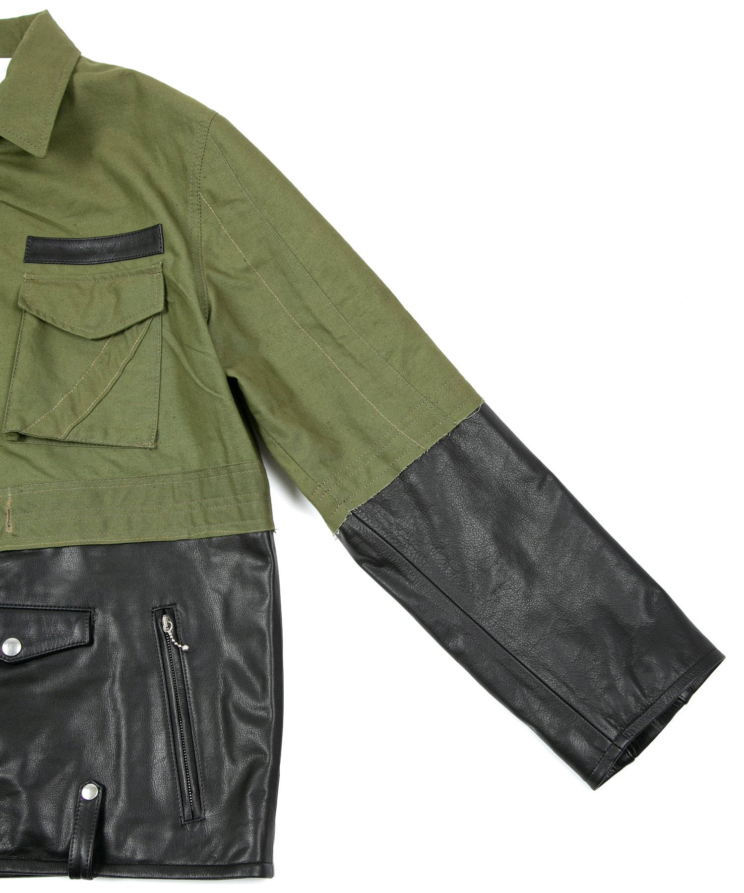 Load image into Gallery viewer, Japan Steer hide&French Military Dead Stock Poncho Combination Blouson - BLACK × KHAKI