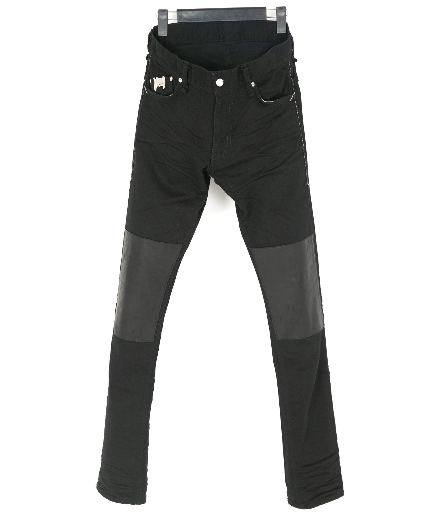 Load image into Gallery viewer, 11oz Organic Cotton Stretch Denim "TIGHT JOE" Tight Straight Jeans ONE WASH & LEATHER W KNEES , POCKET / BLACK