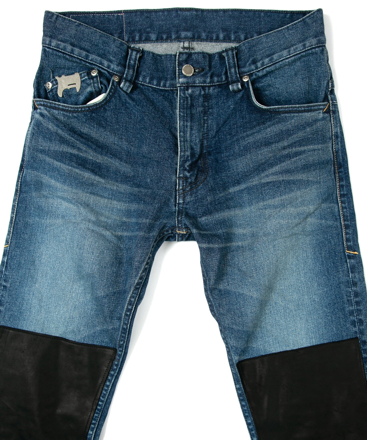 Load image into Gallery viewer, 12.5oz Organic Cotton Stretch Denim "TIGHT JOE" Tight Straight Jeans USED PROCESSING & LEATHER W KNEES , POCKET / INDIGO