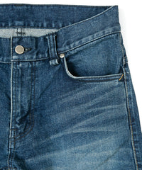 Load image into Gallery viewer, 12.5oz Organic Cotton Stretch Denim "TIGHT JOE" Tight Straight Jeans USED PROCESSING & LEATHER W KNEES , POCKET / INDIGO