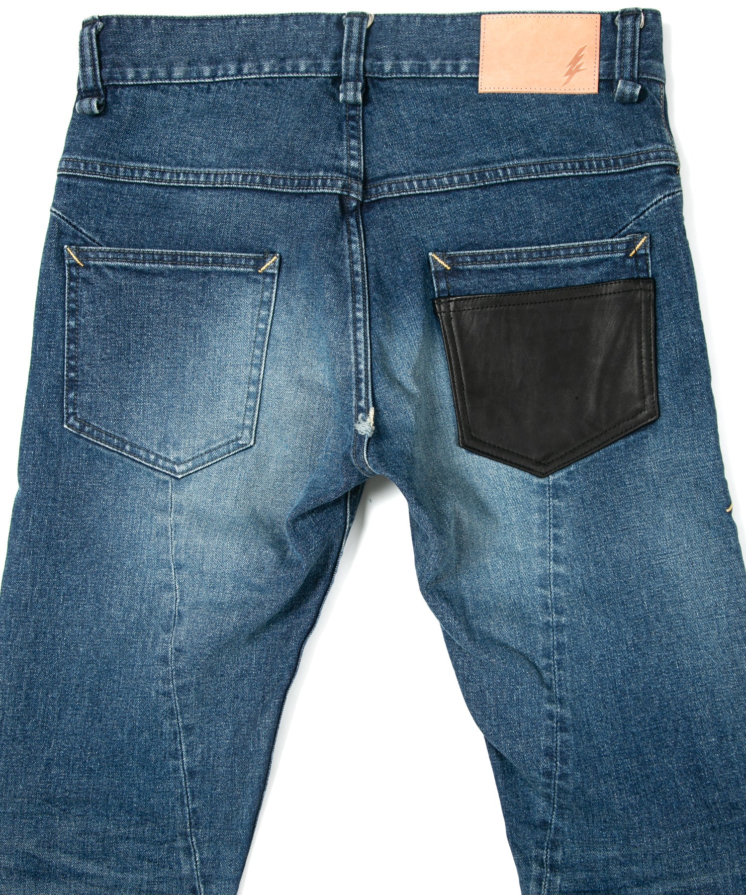 Load image into Gallery viewer, 12.5oz Organic Cotton Stretch Denim "TIGHT JOE" Tight Straight Jeans USED PROCESSING & LEATHER W KNEES , POCKET / INDIGO