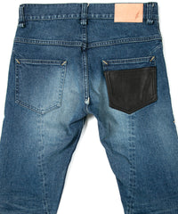 Load image into Gallery viewer, 12.5oz Organic Cotton Stretch Denim "TIGHT JOE" Tight Straight Jeans USED PROCESSING & LEATHER W KNEES , POCKET / INDIGO