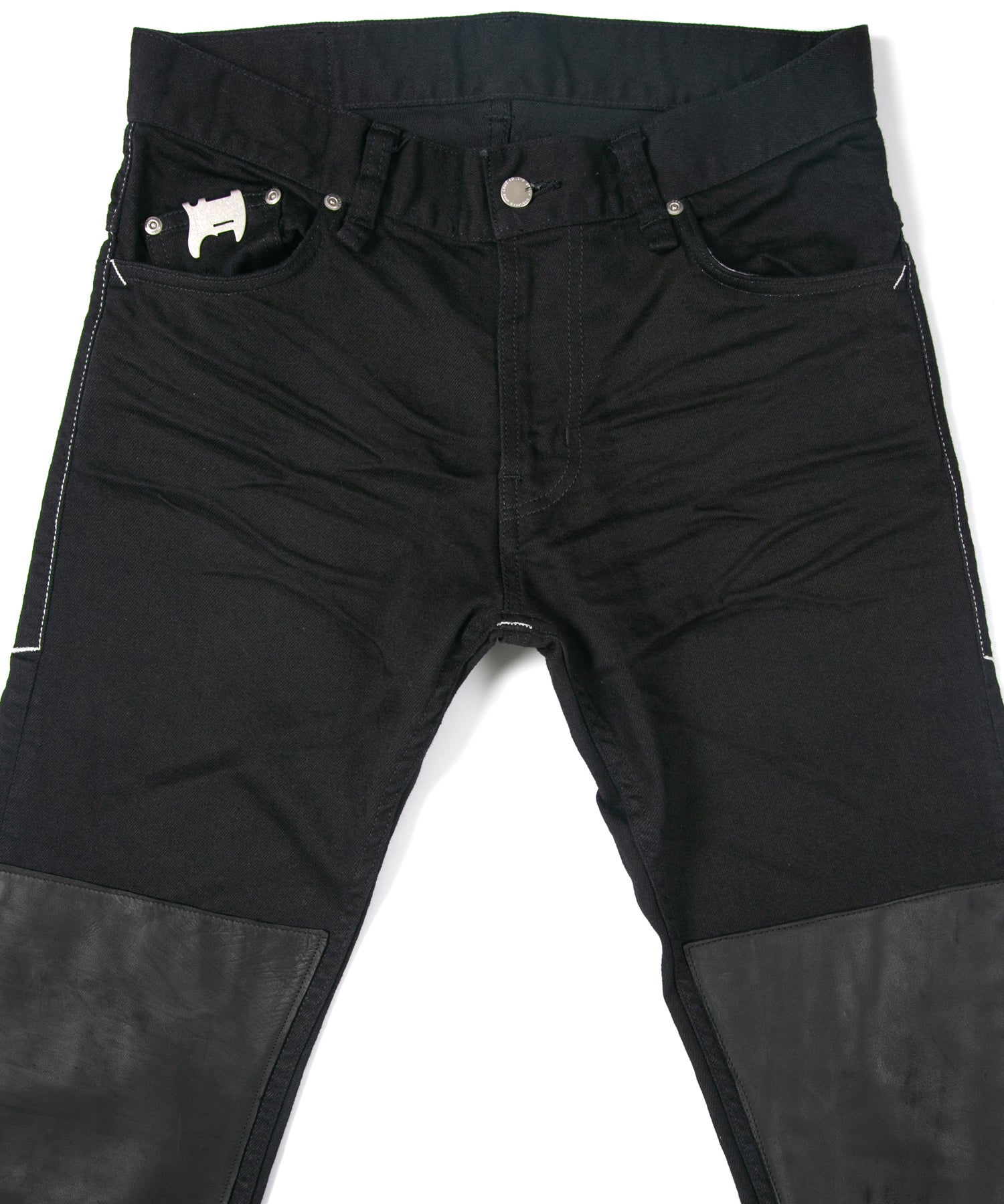 Load image into Gallery viewer, 11oz Organic Cotton Stretch Denim "TIGHT JOE" Tight Straight Jeans ONE WASH & LEATHER W KNEES , POCKET / BLACK