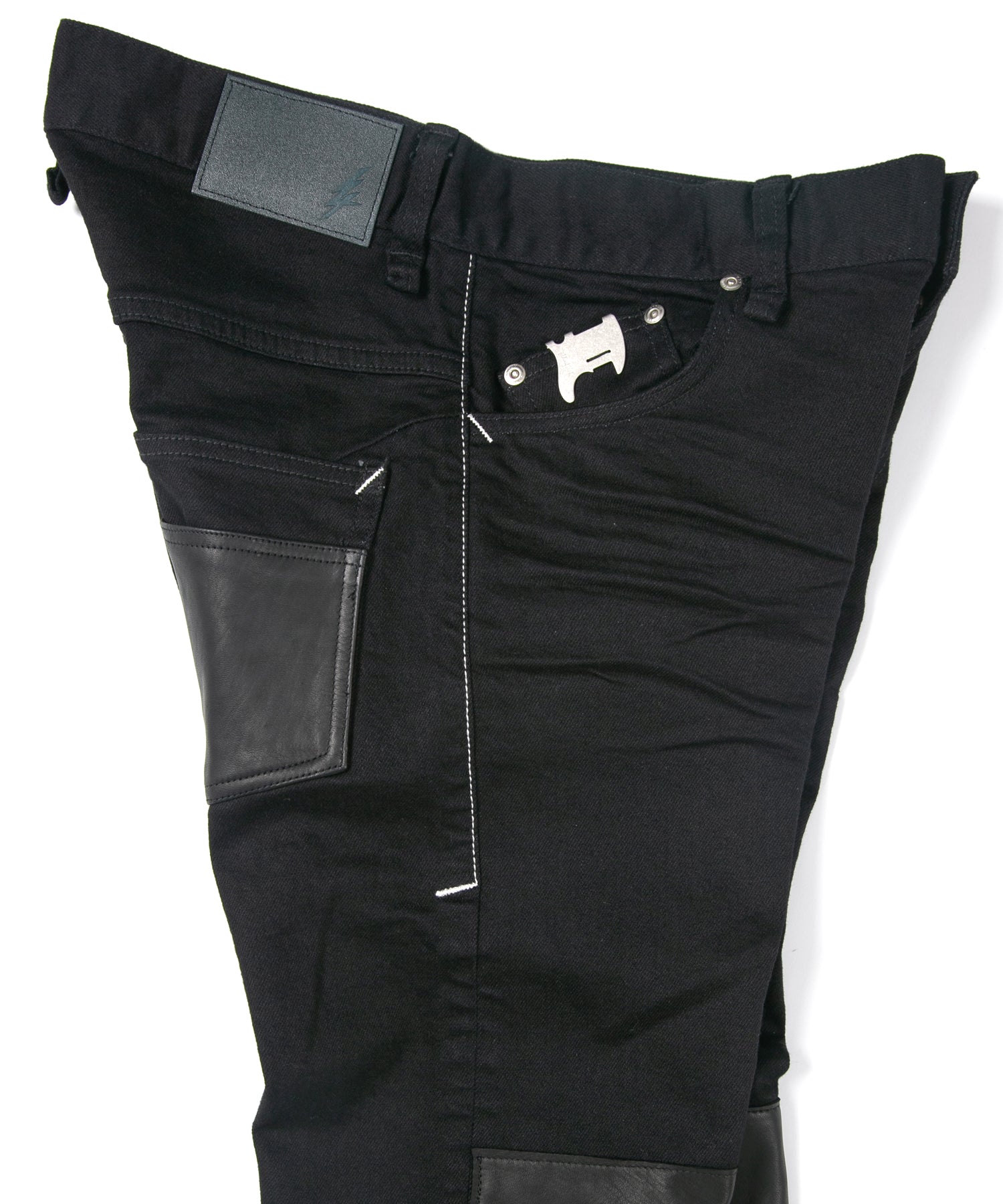 Load image into Gallery viewer, 11oz Organic Cotton Stretch Denim "TIGHT JOE" Tight Straight Jeans ONE WASH & LEATHER W KNEES , POCKET / BLACK