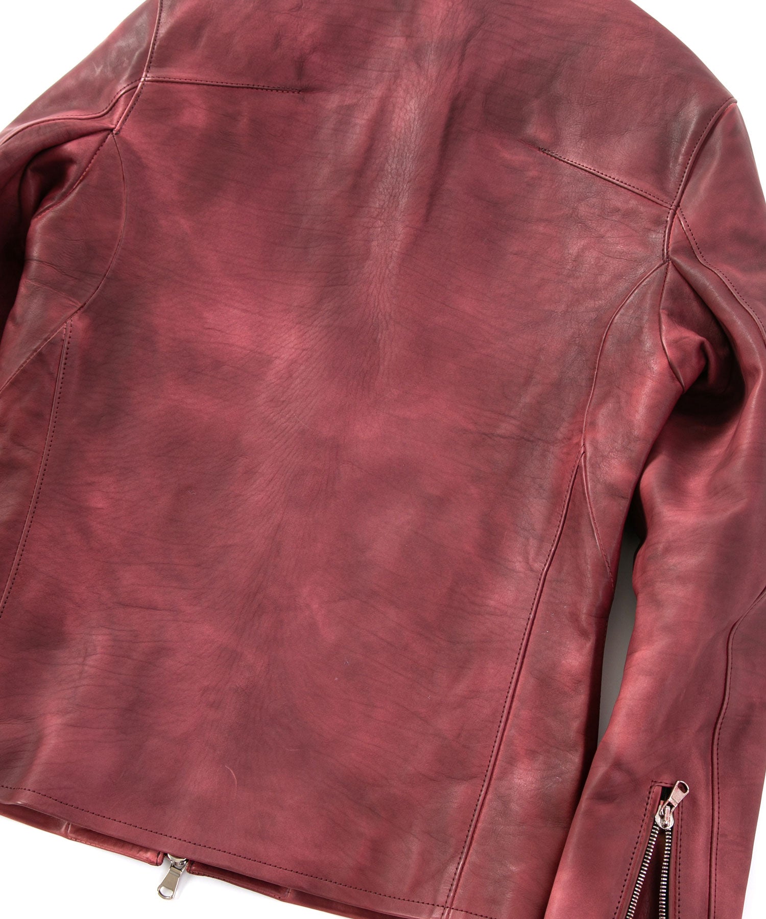 画像をギャラリービューアに読み込む, Burning Dyed 製品燃焼染め タンニン鞣し カーフスキン "SLATER" シングルライダースジャケット - バーガンディ