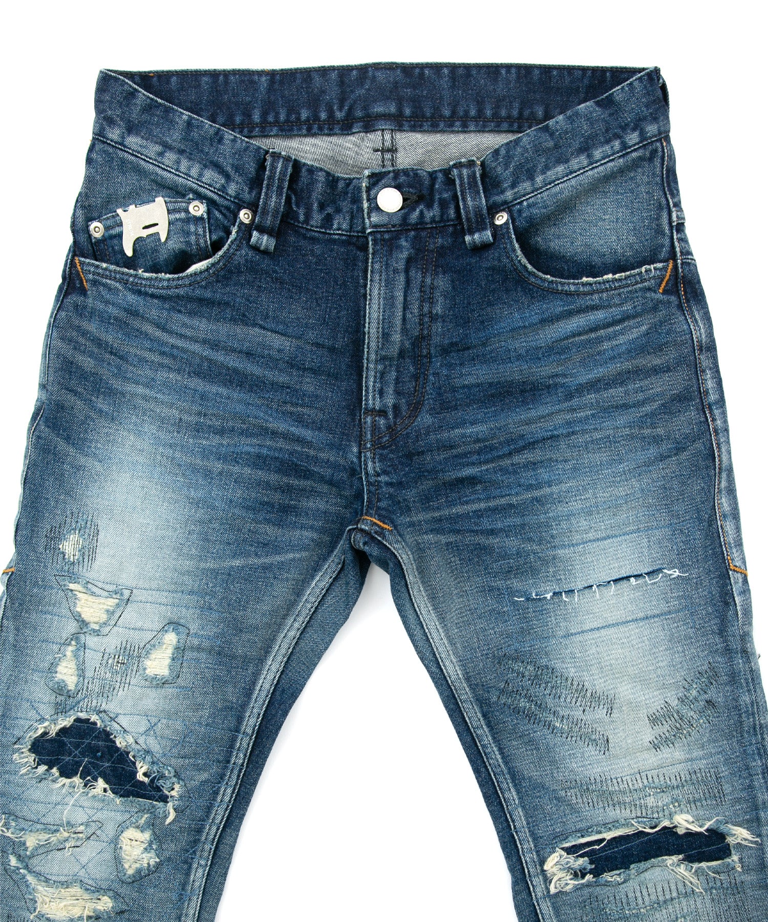 画像をギャラリービューアに読み込む, 12.5oz オーガニックコットン ストレッチデニム TIGHT JOE タイトストレート クラッシュ + リペア - INDIGO