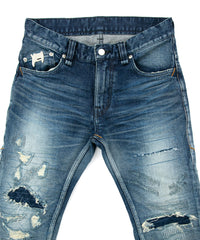 画像をギャラリービューアに読み込む, 12.5oz オーガニックコットン ストレッチデニム TIGHT JOE タイトストレート クラッシュ + リペア - INDIGO