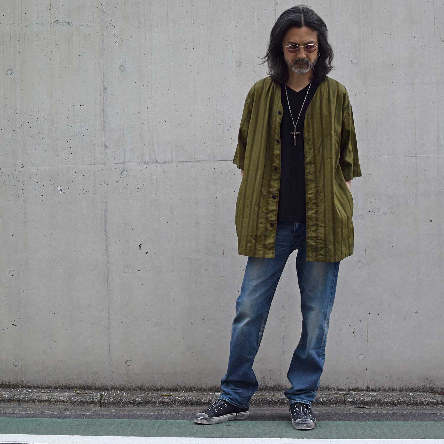 画像をギャラリービューアに読み込む, カラミ織り ストライプ 5分袖 ダボシャツ / KHAKI