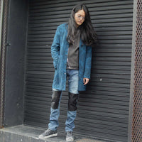 Load image into Gallery viewer, 12.5oz Organic Cotton Stretch Denim "TIGHT JOE" Tight Straight Jeans USED PROCESSING & LEATHER W KNEES , POCKET / INDIGO