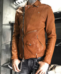 Load image into Gallery viewer, Domestic Vegetable Full Tanned Calf Skin Garment Dyed Double Riders Jacket / Brown
