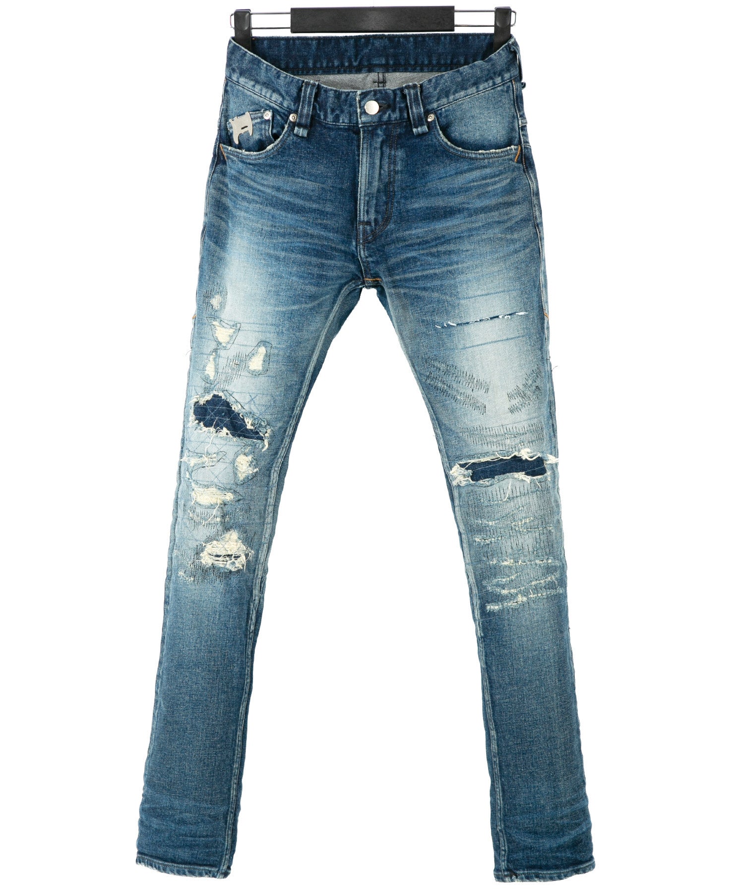 画像をギャラリービューアに読み込む, 12.5oz オーガニックコットン ストレッチデニム TIGHT JOE タイトストレート クラッシュ + リペア - INDIGO