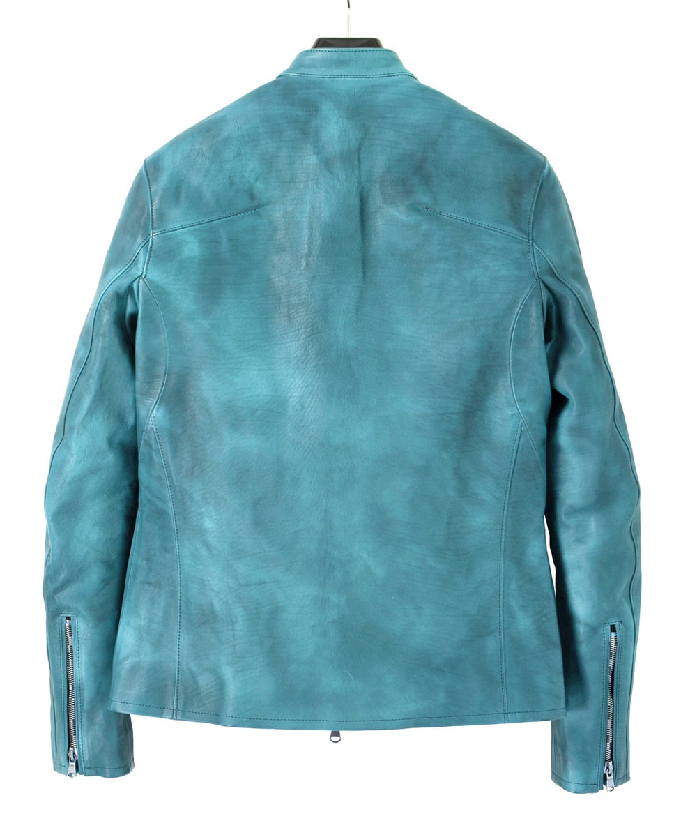 フルタンニン鞣し ジャパンカーフスキン Burning dyed - 製品燃焼染め SLATER シングルライダースジャケット - BLUE