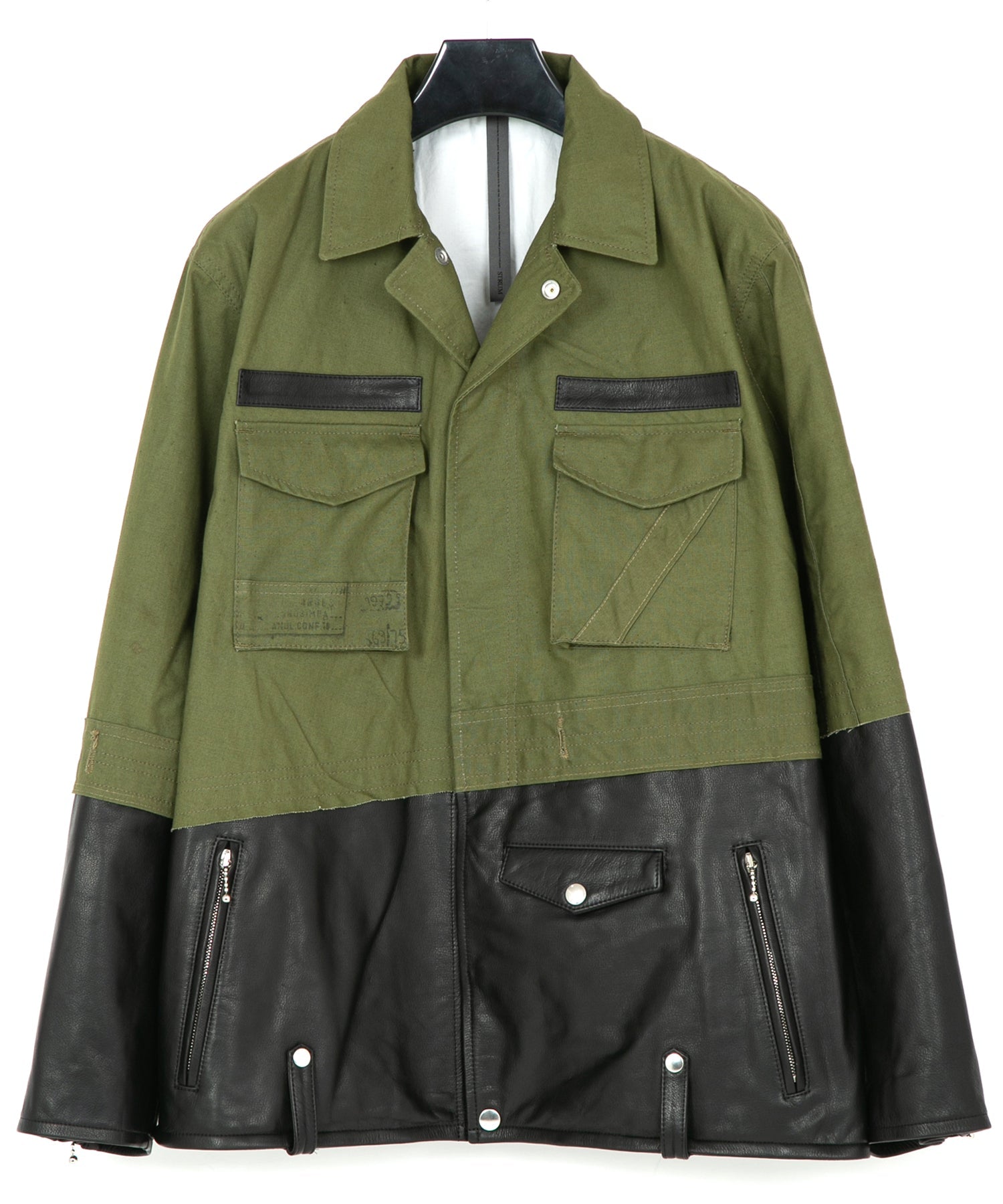 Load image into Gallery viewer, Japan Steer hide&French Military Dead Stock Poncho Combination Blouson - BLACK × KHAKI