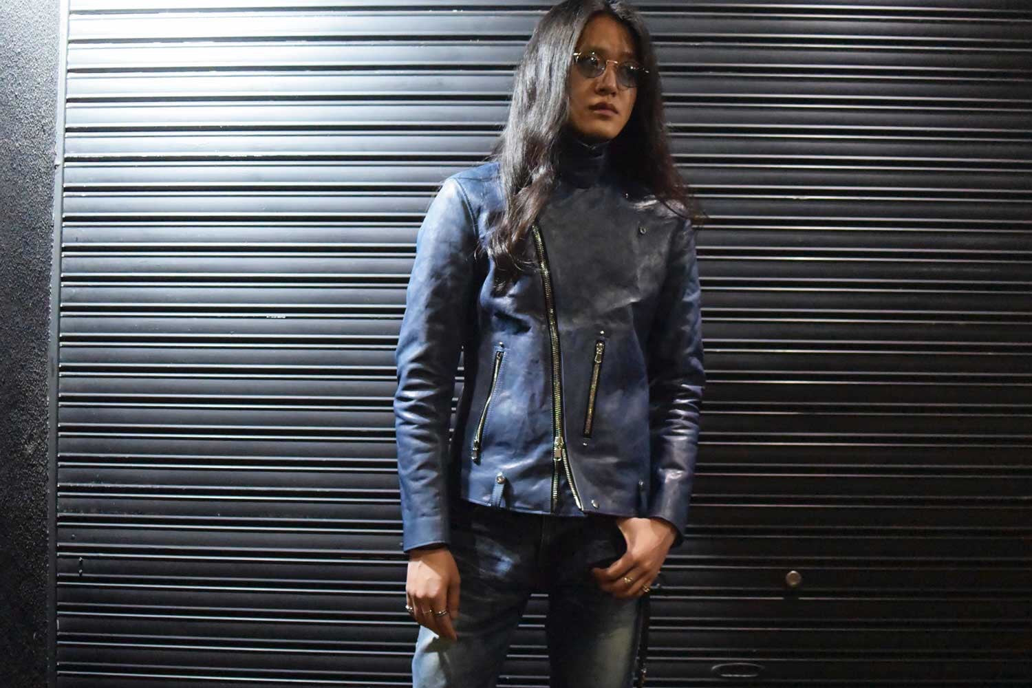 Load image into Gallery viewer, Japan Vegetable Full tanned Calf skin Garment Burning Dyed "HI-FLYER" Double Riders - BLUE