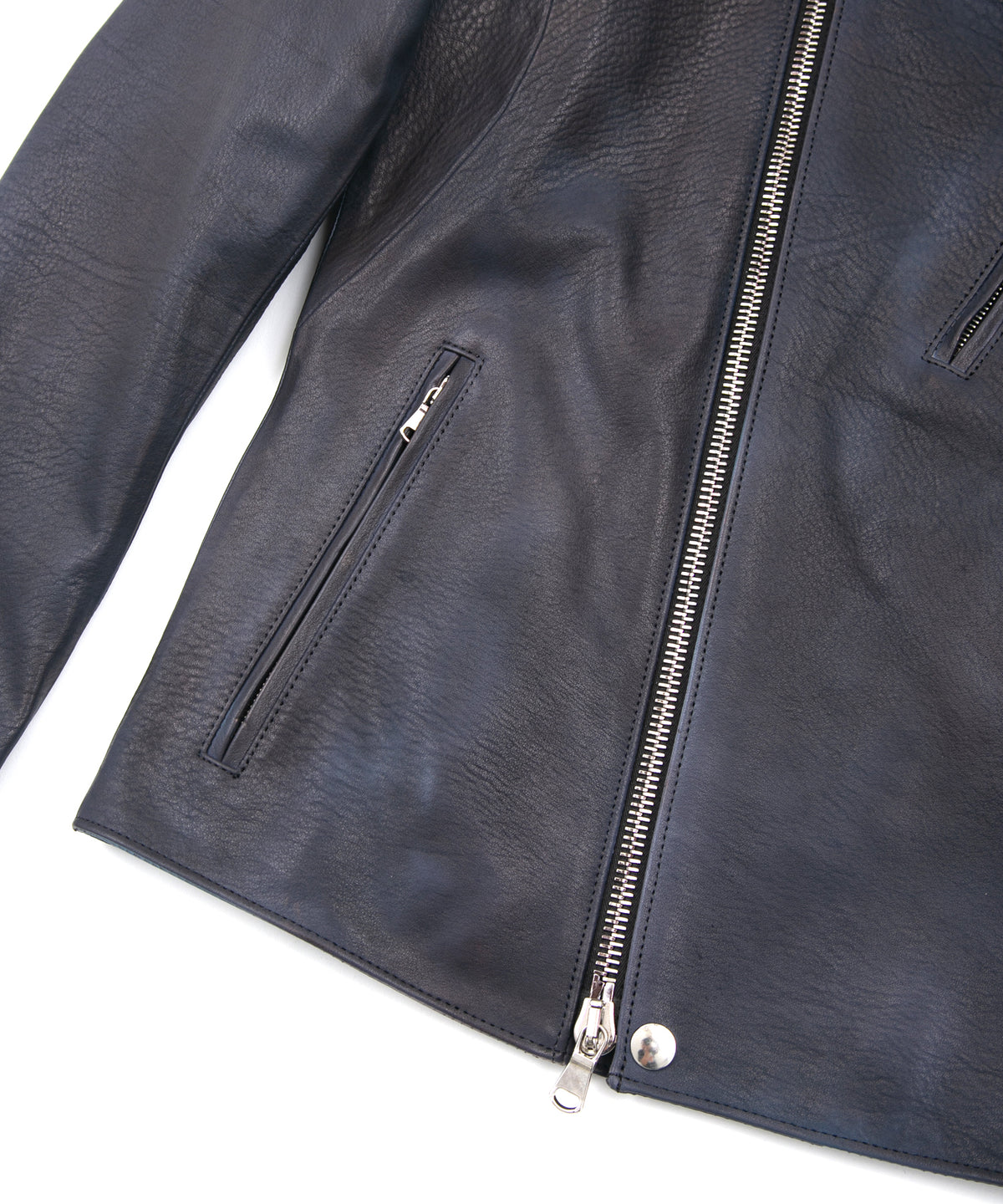 White Tanned × Vegetable Tanned Calf Skin Burning dyed - Product Burning Dyed BIRD MAN Double Riders Jacket - JEAN BLACK