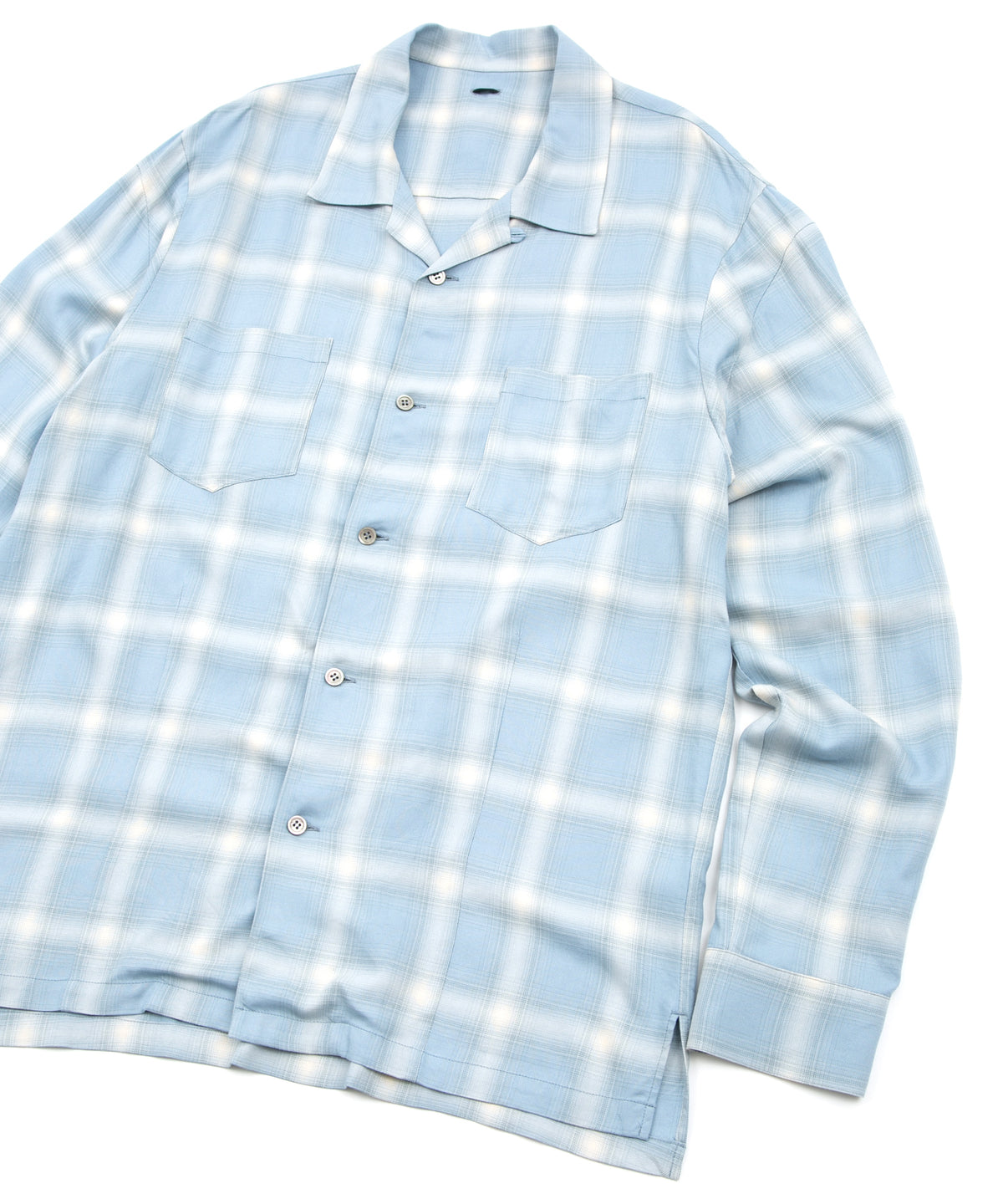 Rayon Tweed Ombre Check L/S Open Collar Shirt - BLUE