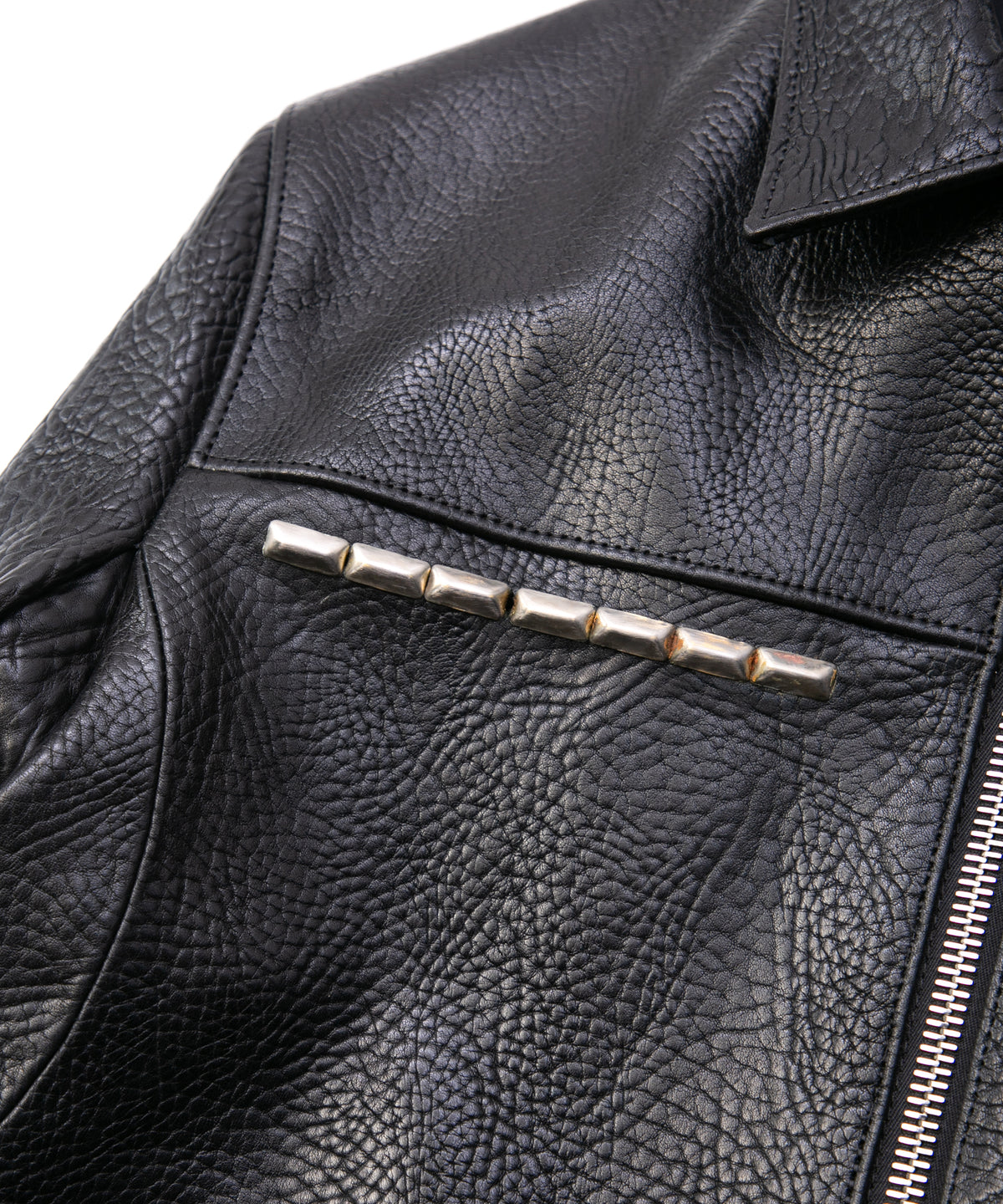 フルタンニン ピット鞣し シュリンク ステアハイド M.FEVER スタッズ シングルライダースジャケット - BLACK