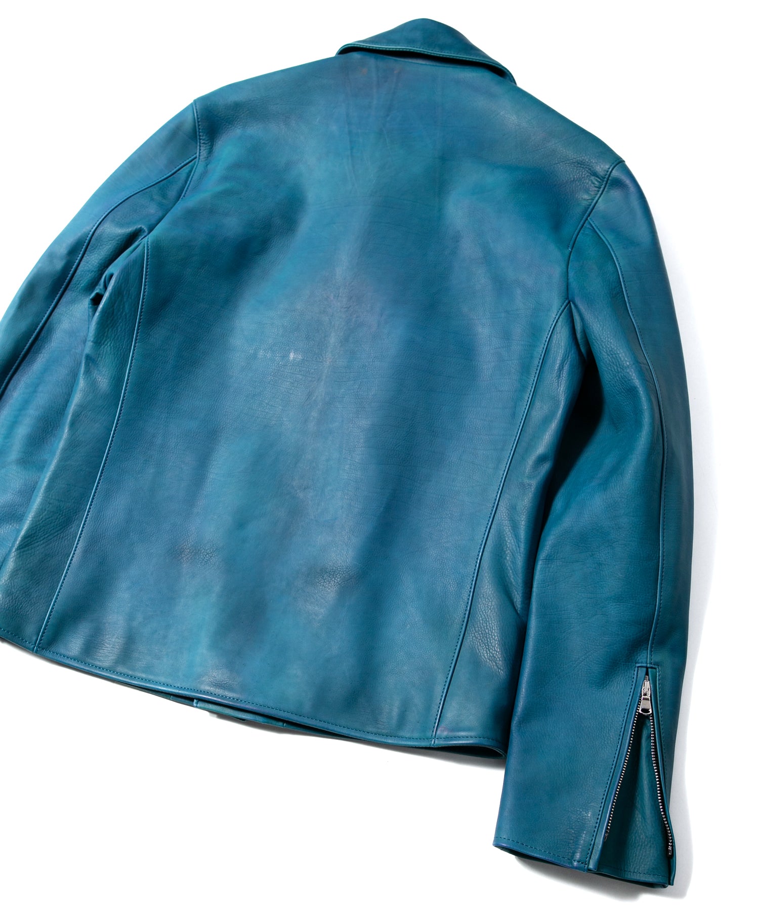 画像をギャラリービューアに読み込む, ハイブリッド タンニン鞣し カーフスキン 燃焼製品染め Burning Dyed  TRIGGER ダブルライダースジャケット- TOURMALINE BLUE