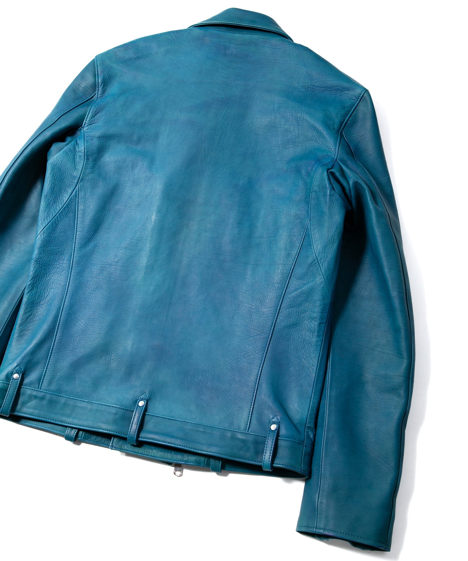 画像をギャラリービューアに読み込む, ハイブリッド タンニン鞣し カーフスキン 燃焼製品染め Burning Dyed  ROM ダブルライダースジャケット- TOURMALINE BLUE