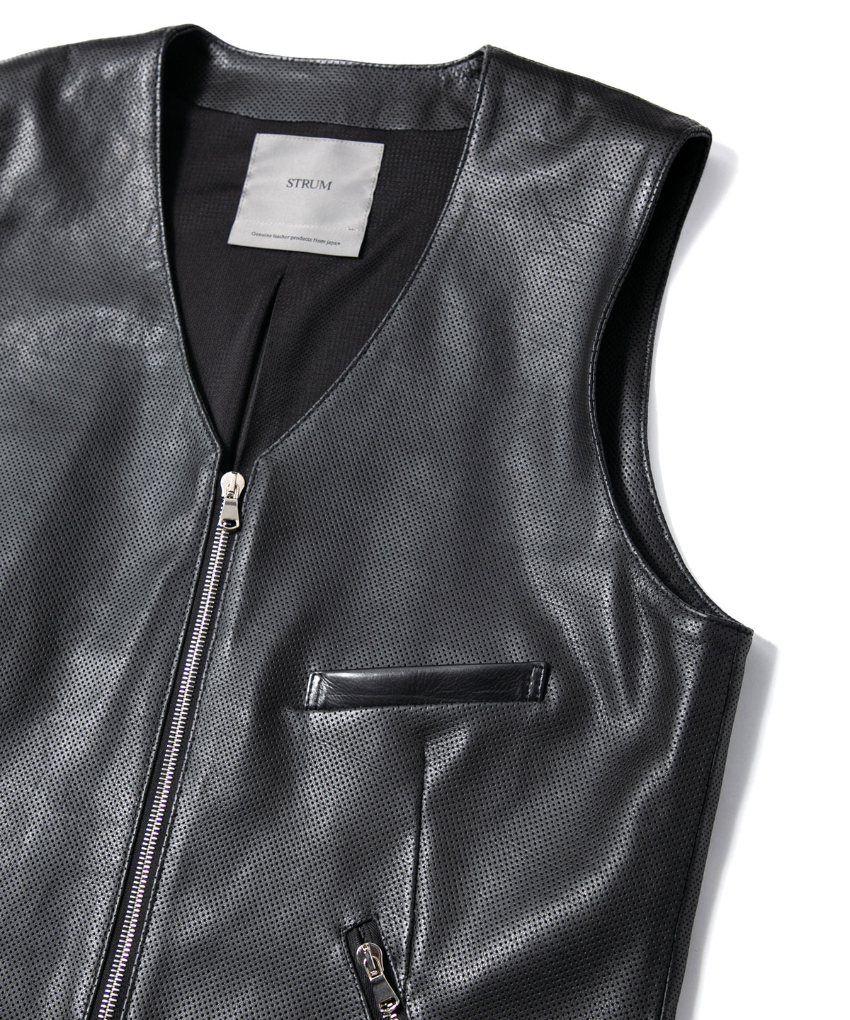 Hole-Punched Oil Calfskin BENNY Zipup Vest - BLACK