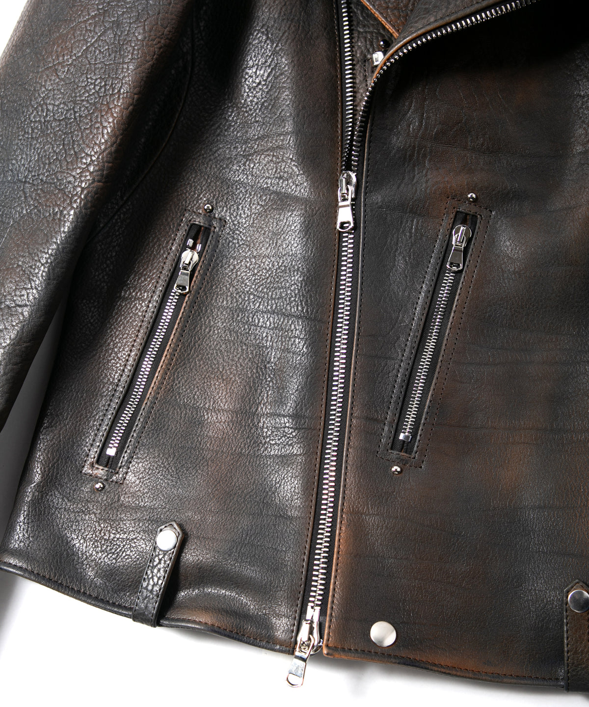 フルベジタブルタンニン鞣し イタリアン シュリンク ダブルショルダー 燃焼製品染め Burning Dyed  HI-FLYER Grande Fit ダブルライダースジャケット - NIGHTFALL NAVY