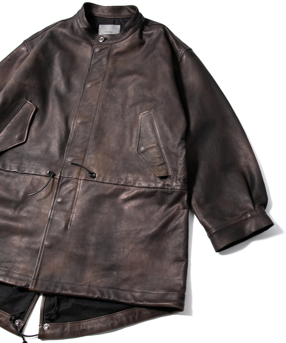 ハイブリッド タンニン鞣し カーフスキン 燃焼製品染め Burning Dyed  RUMBLE フィッシュテールコート - MILITARY BLACK
