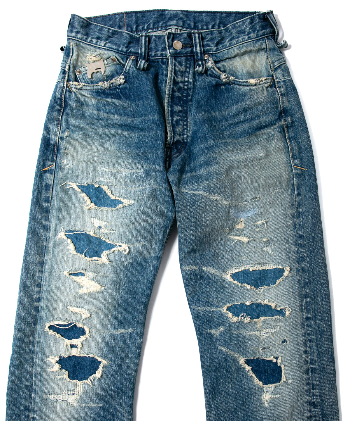 14oz ディープブルー ヘビーセルヴィッチ デニム 1977 レギュラーストレート クラッシュ & リペア + ユーズド加工 - INDIGO