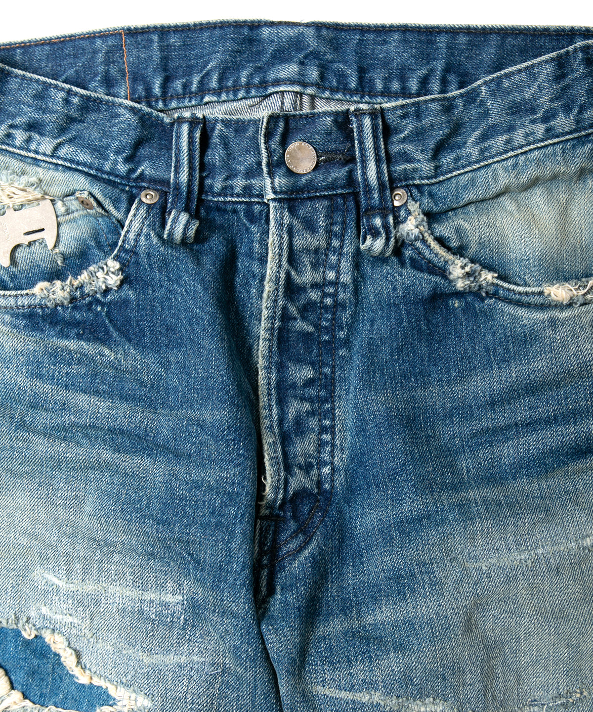 14oz ディープブルー ヘビーセルヴィッチ デニム 1977 レギュラーストレート クラッシュ & リペア + ユーズド加工 - INDIGO