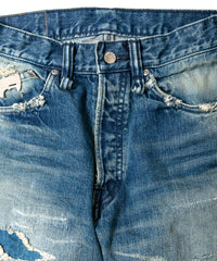 14oz ディープブルー ヘビーセルヴィッチ デニム 1977 レギュラーストレート クラッシュ & リペア + ユーズド加工 - INDIGO