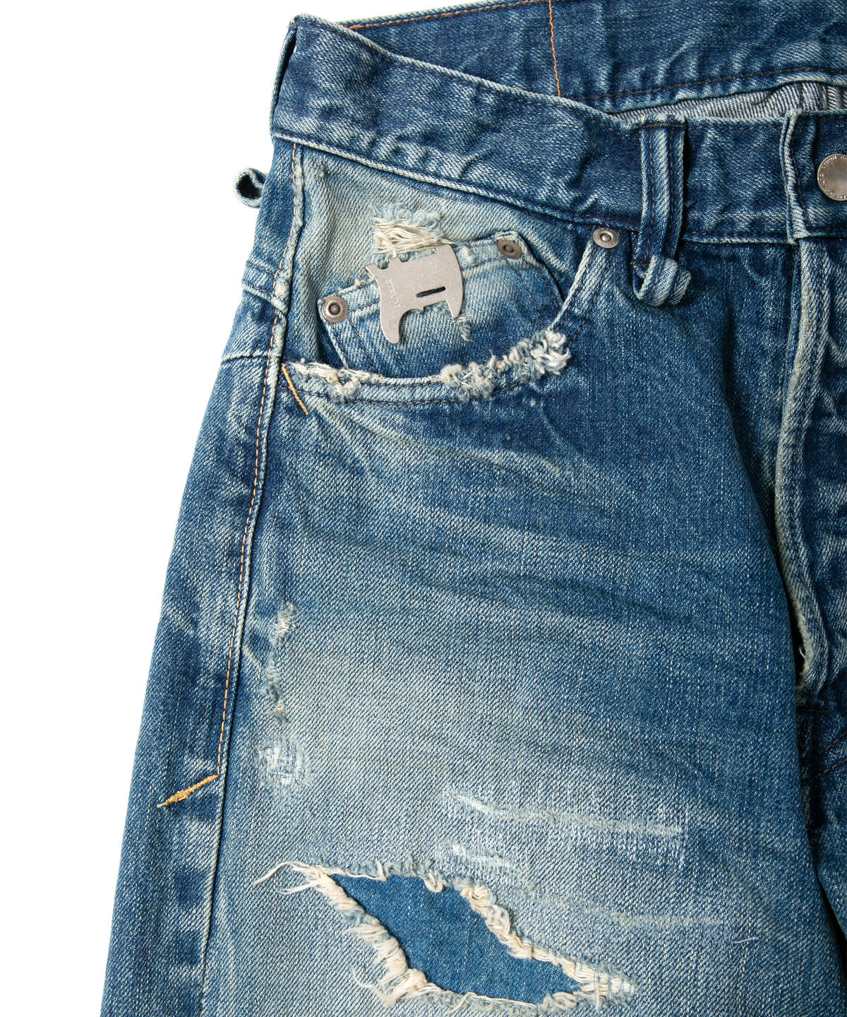 14oz ディープブルー ヘビーセルヴィッチ デニム 1977 レギュラーストレート クラッシュ & リペア + ユーズド加工 - INDIGO