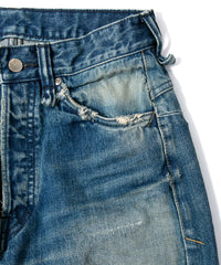 14oz ディープブルー ヘビーセルヴィッチ デニム 1977 レギュラーストレート クラッシュ & リペア + ユーズド加工 - INDIGO