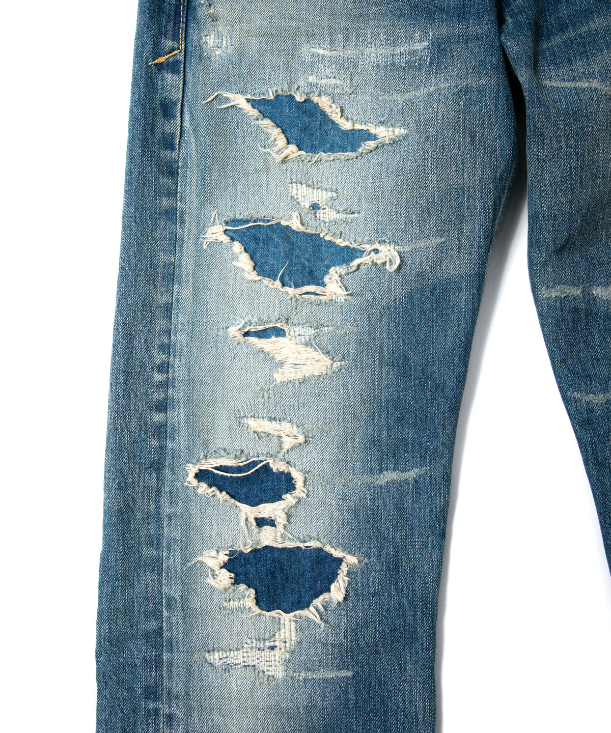 14oz ディープブルー ヘビーセルヴィッチ デニム 1977 レギュラーストレート クラッシュ & リペア + ユーズド加工 - INDIGO