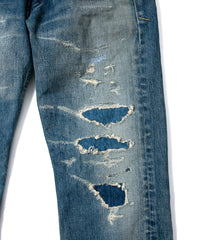 14oz ディープブルー ヘビーセルヴィッチ デニム 1977 レギュラーストレート クラッシュ & リペア + ユーズド加工 - INDIGO