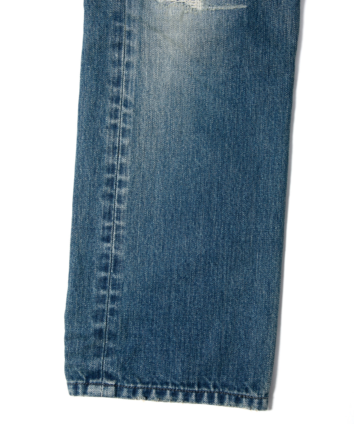 14oz ディープブルー ヘビーセルヴィッチ デニム 1977 レギュラーストレート クラッシュ & リペア + ユーズド加工 - INDIGO