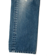 14oz ディープブルー ヘビーセルヴィッチ デニム 1977 レギュラーストレート クラッシュ & リペア + ユーズド加工 - INDIGO