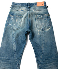 14oz ディープブルー ヘビーセルヴィッチ デニム 1977 レギュラーストレート クラッシュ & リペア + ユーズド加工 - INDIGO
