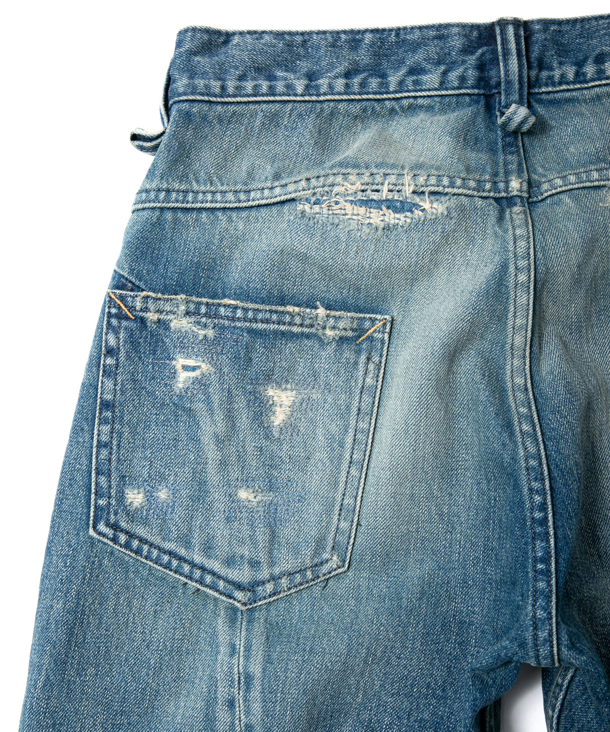 14oz ディープブルー ヘビーセルヴィッチ デニム 1977 レギュラーストレート クラッシュ & リペア + ユーズド加工 - INDIGO